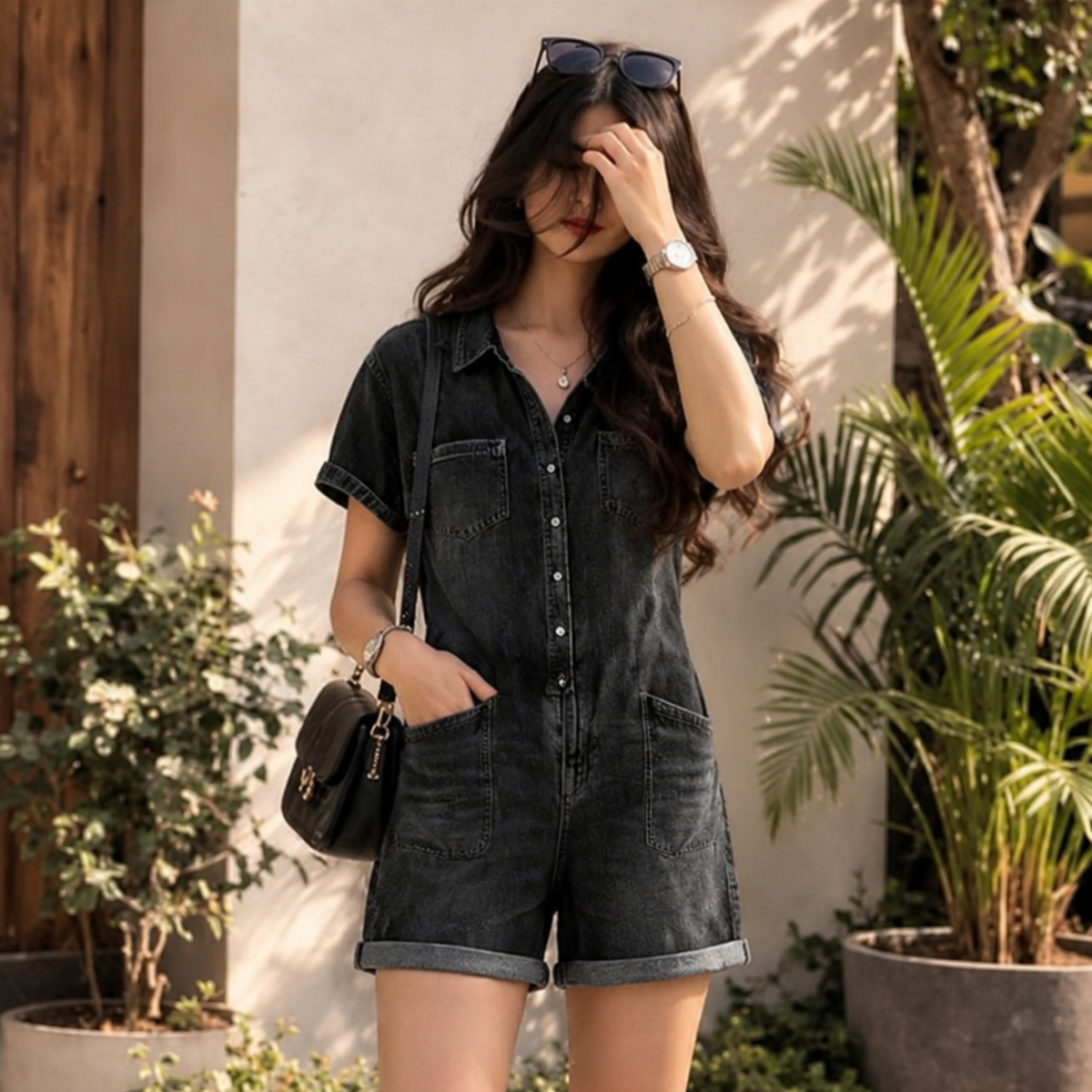 Combinaison Short en Jean Délavé