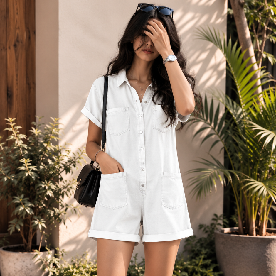 Combinaison Short en Jean Délavé